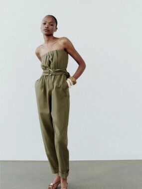 Zara belted strapless linen Jumpsuit